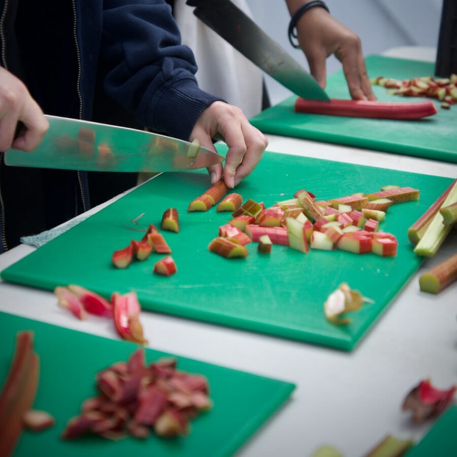 chopping rhubarb